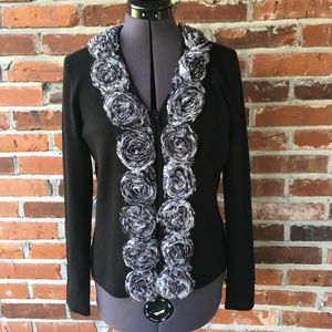 Red Women's Black Cardigan with Gray Floral Frayed Rosette Accents